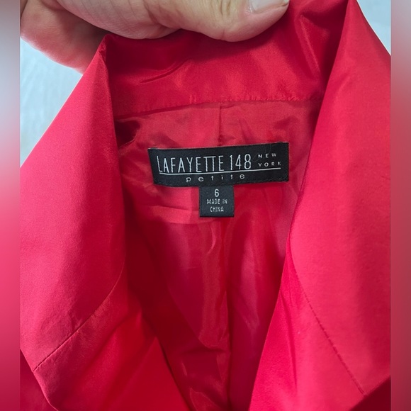 Lafayette 148 | SZ 6 Petite Red 100% Silk Blazer Jacket | Open Front 3/4 Sleeve - Picture 6 of 10